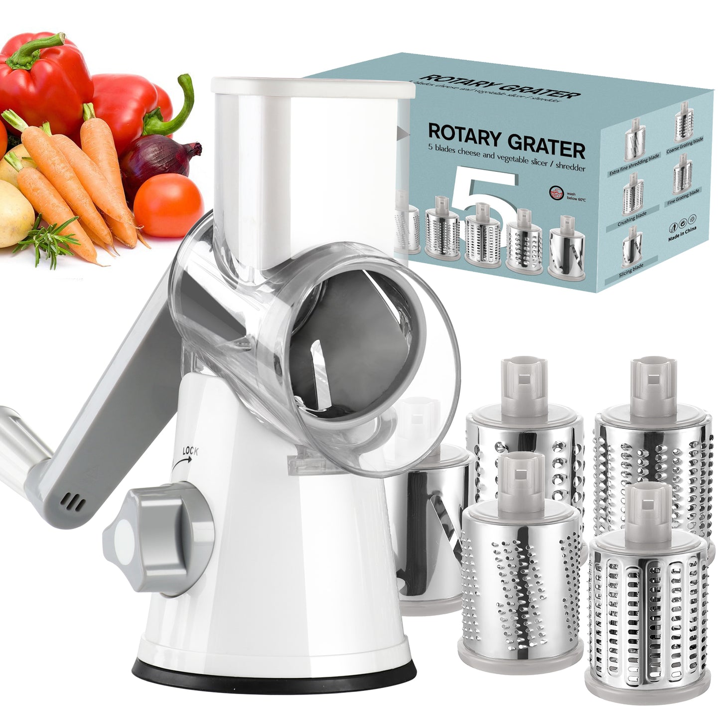 Ourokhome Rotary Cheese Grater Hand Crank with 5 Blades