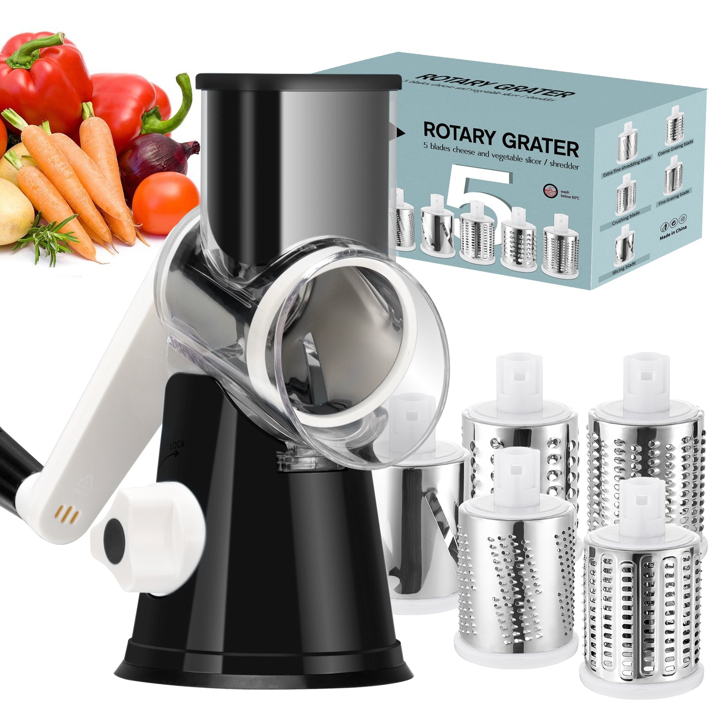 Ourokhome Rotary Cheese Grater Hand Crank with 5 Blades